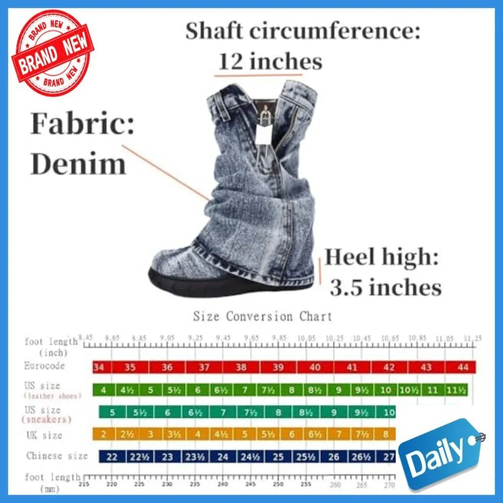 Denim Mid Calf Booties Platform Heel Fold Over Western Style Women's Shoes